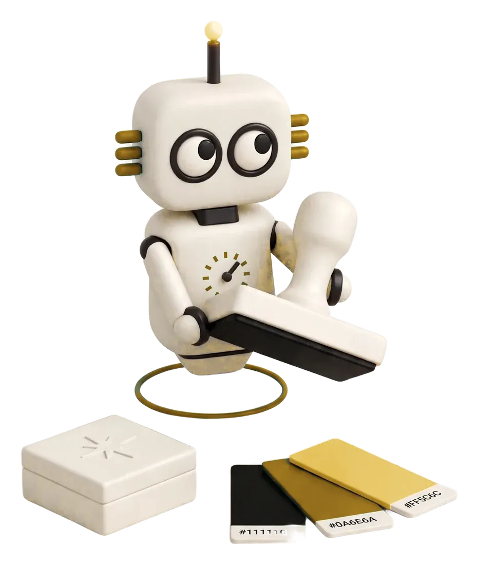 Robot de Magia 360 con un sello, un empaque y la paleta de colores de una marca: branding, logo y packaging