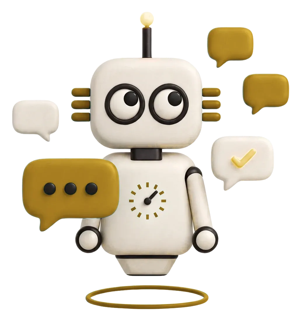 Robot de Magia 360 rodeado de mensajes respondidos al instante: chatbot de WhatsApp con IA