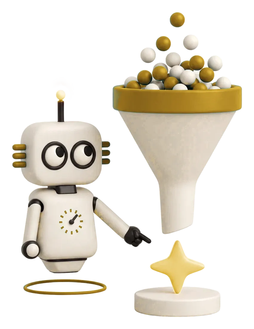 Robot de Magia 360 señalando el resultado de un embudo de conversión: landing pages y CRO