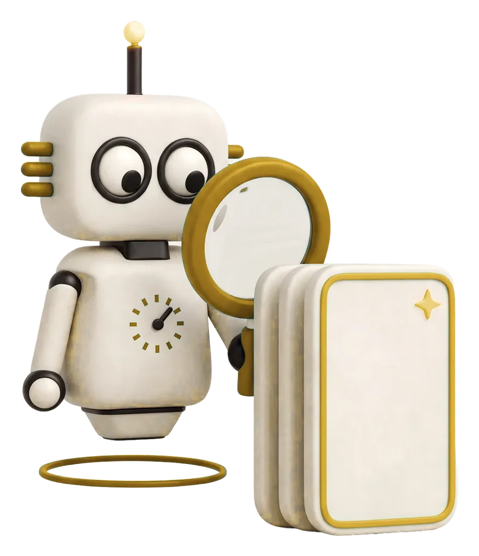 Robot de Magia 360 revisando con una lupa el primer resultado de búsqueda: posicionamiento SEO en Google